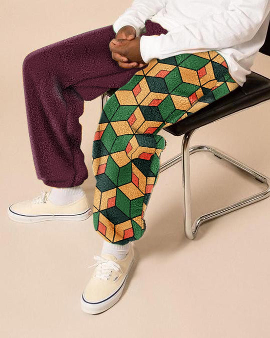 Contrasting trendy brand printed polar fleece trousers