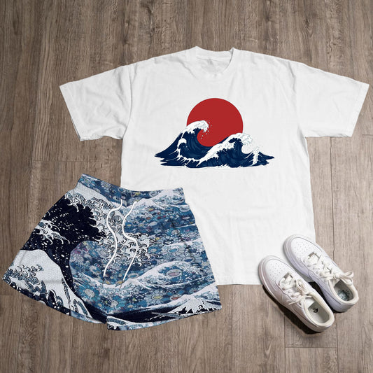 Waves Print T-Shirt Shorts Two-Piece Set