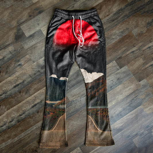 Art Landscape Print Flared Trousers