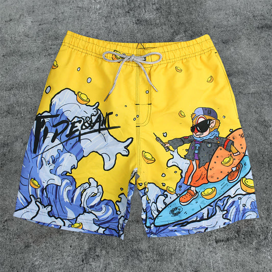 Retro Cartoon Print Outdoor Beach Swim Shorts