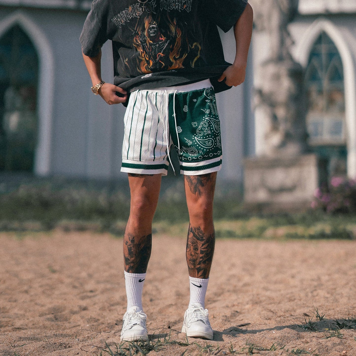 Paneled Cashew Flower Vintage Mesh Shorts