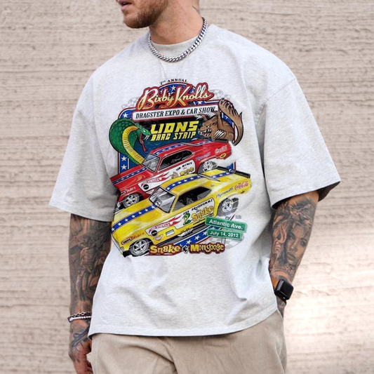 Casual retro race car print T-shirt