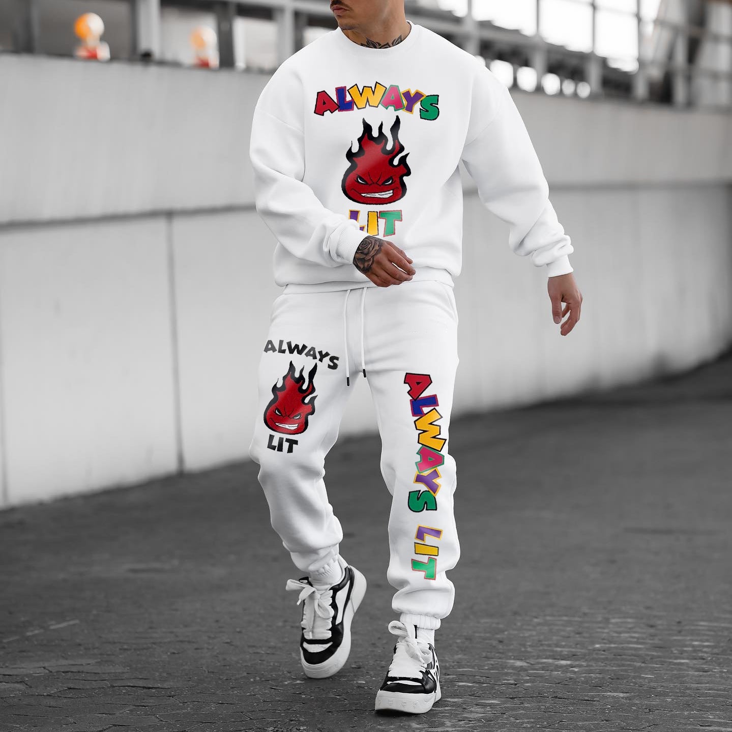 Casual College Style Cartoon Print Crew Neck Sweatshirt Suit