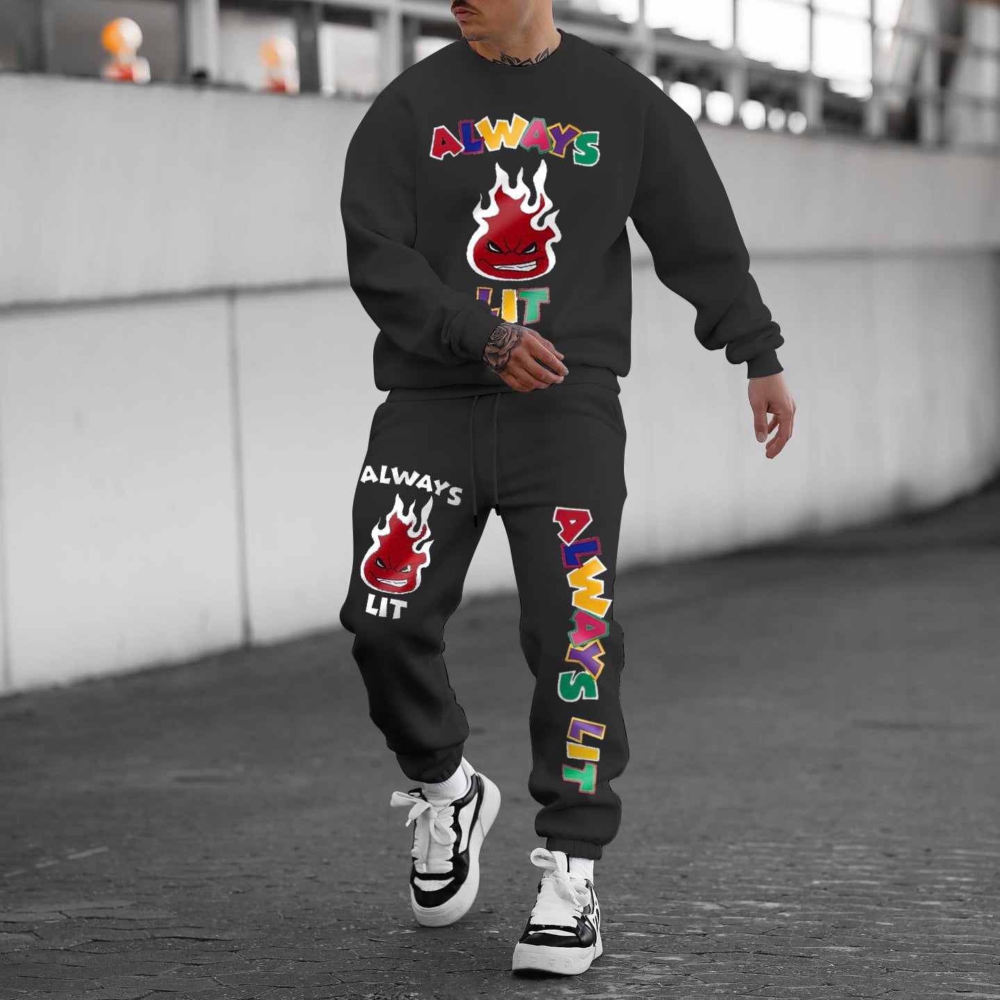 Casual College Style Cartoon Print Crew Neck Sweatshirt Suit