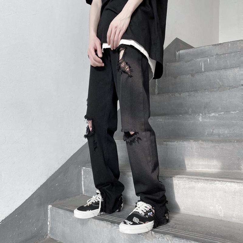 High street trend raw edge ripped jeans male ins tide thin section thin denim trousers