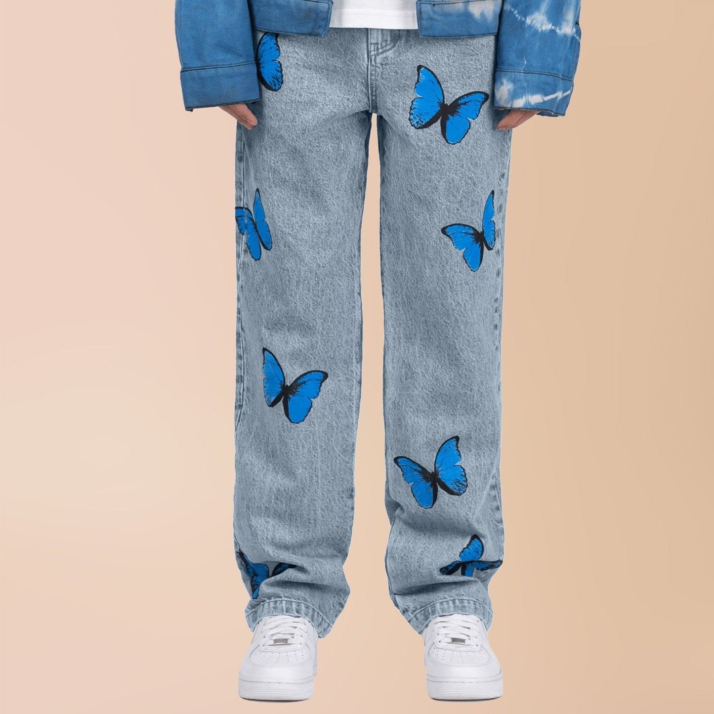 Street style casual butterfly print straight-leg jeans