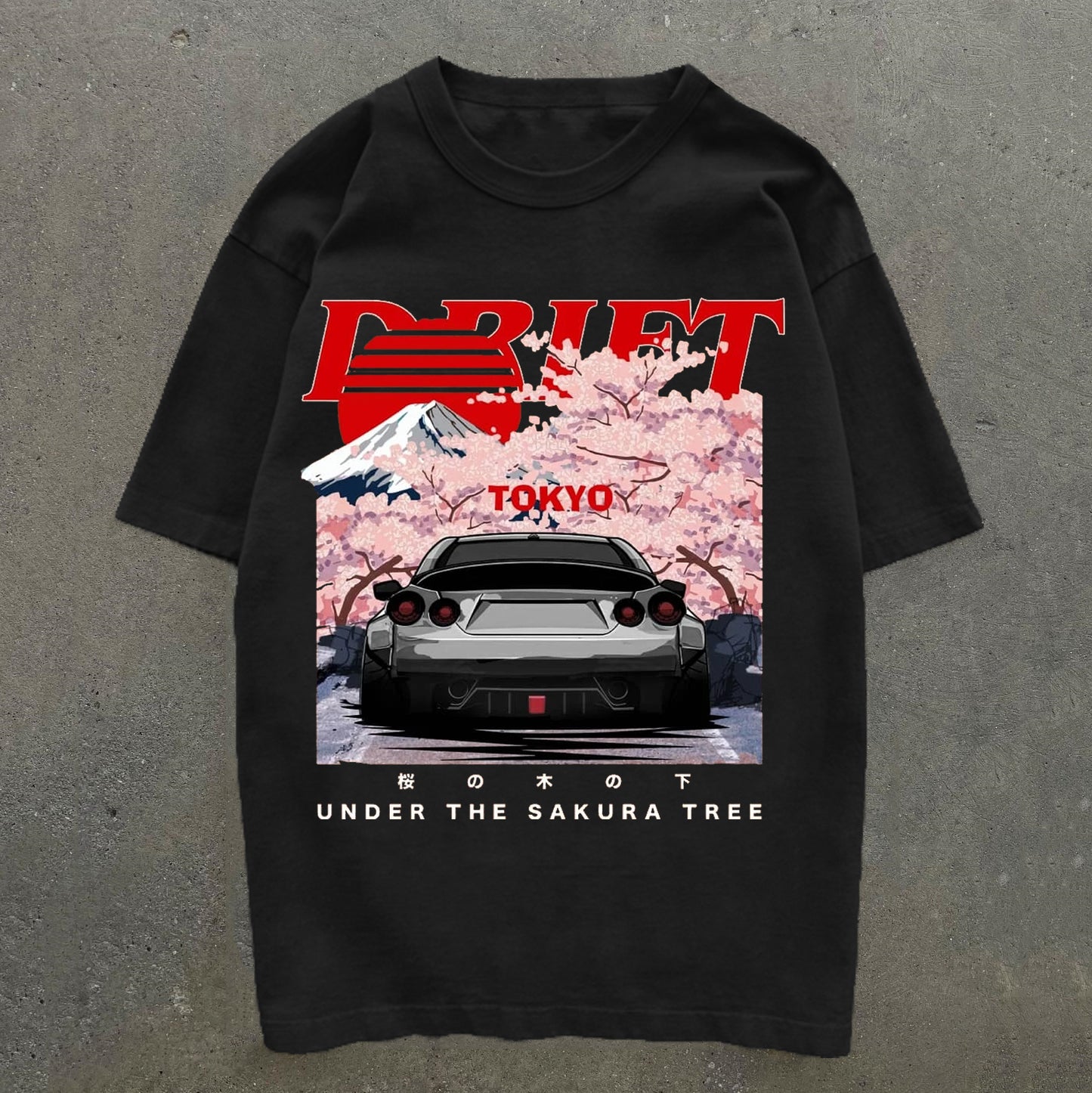 Car & Sakura Print Short Sleeve T-Shirt