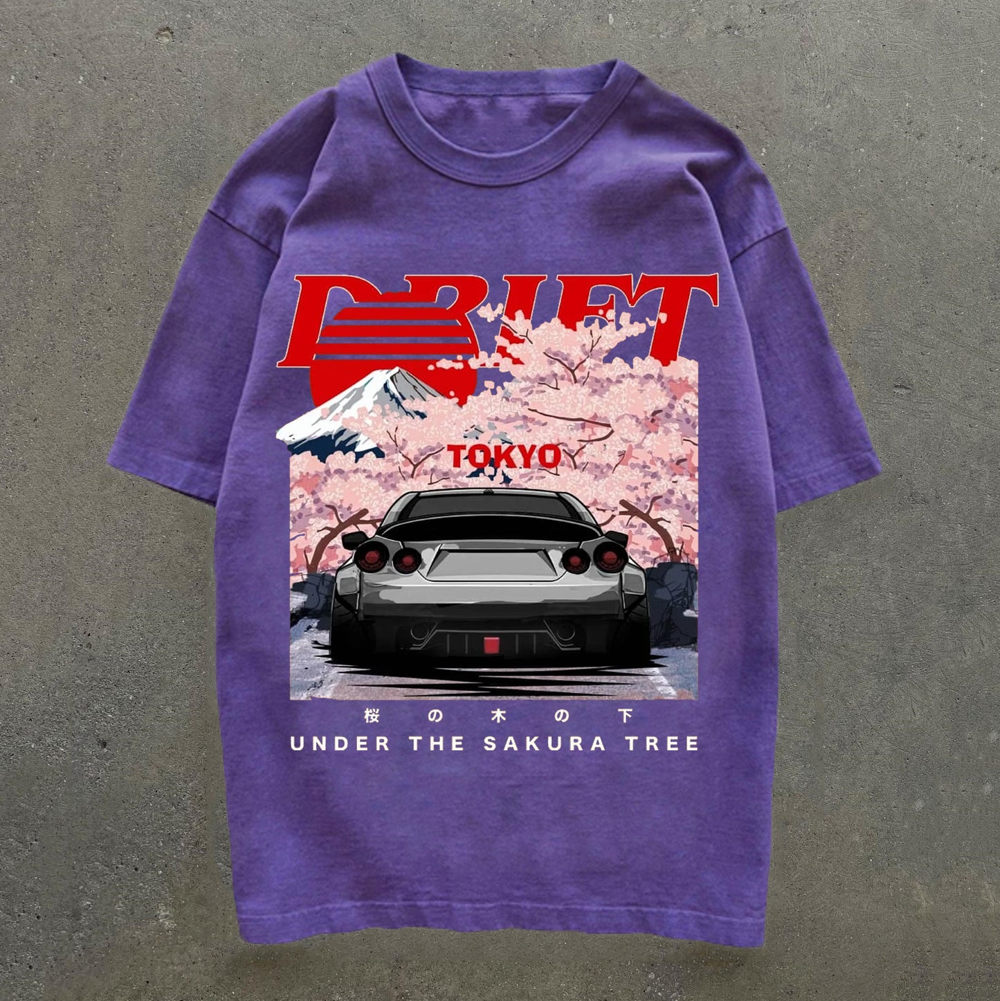 Car & Sakura Print Short Sleeve T-Shirt