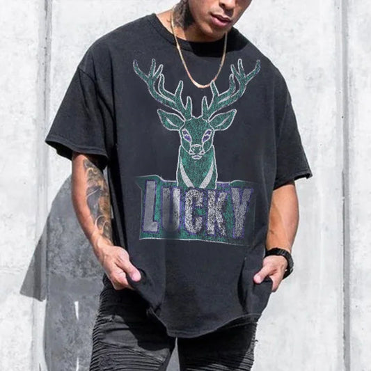 Vintage Print Elk Oversized Short Sleeve T-Shirt