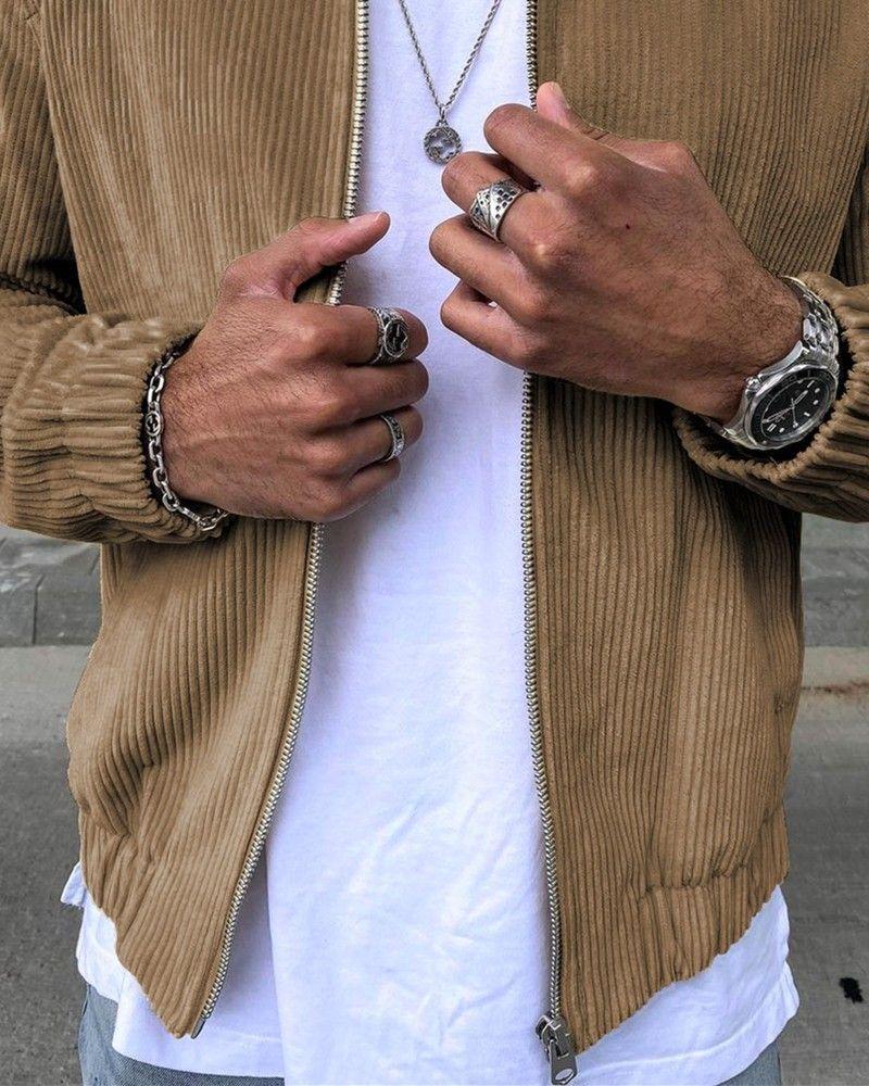 Solid color corduroy street style long-sleeved jacket