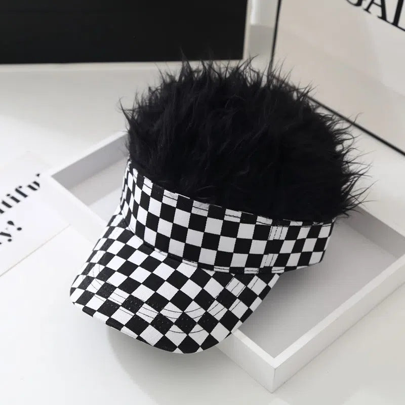 Black and white checkerboard wig baseball cap hair peaked hat