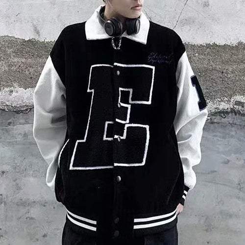 Letter embroidered corduroy couple baseball jacket