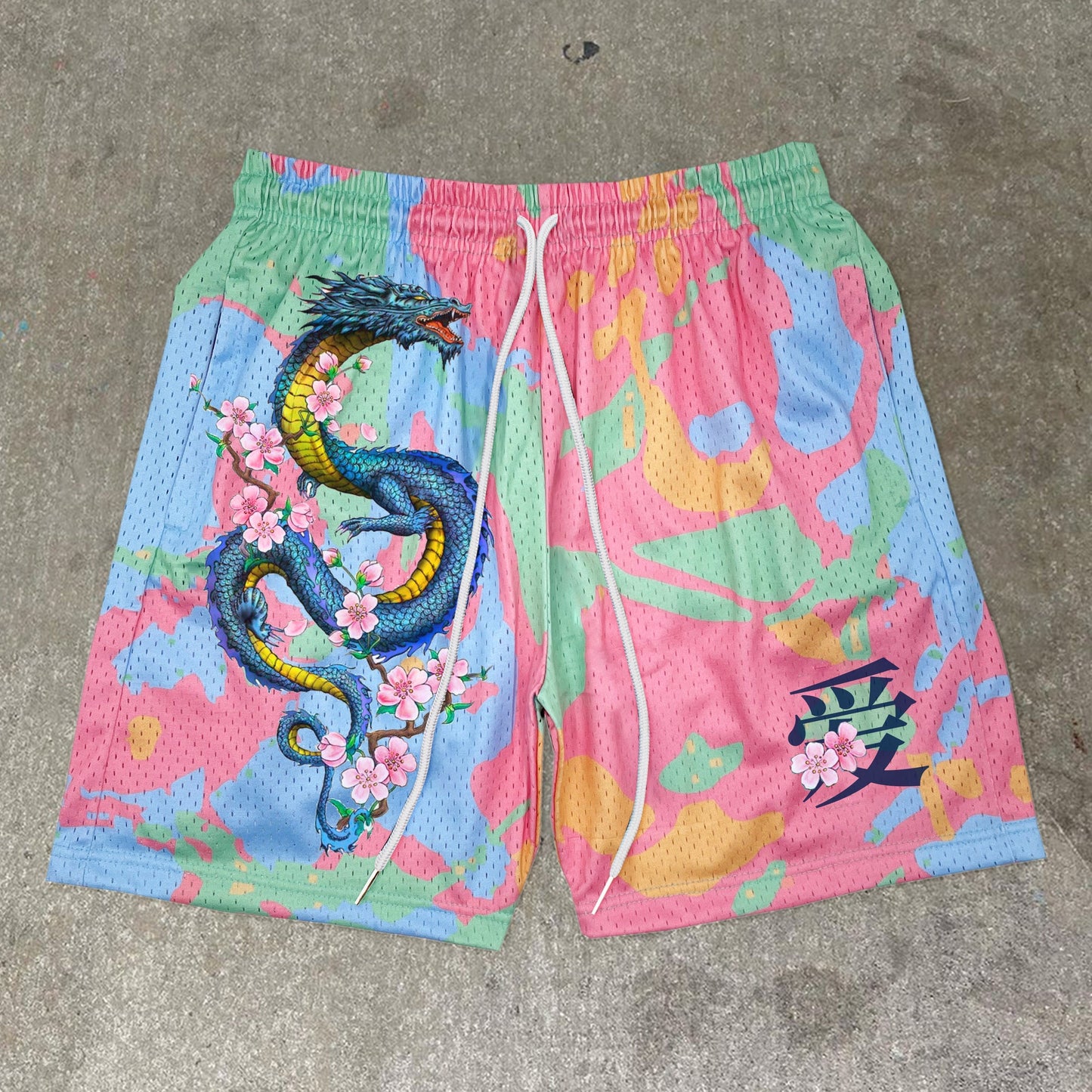 Artistic tie-dye printed mesh shorts