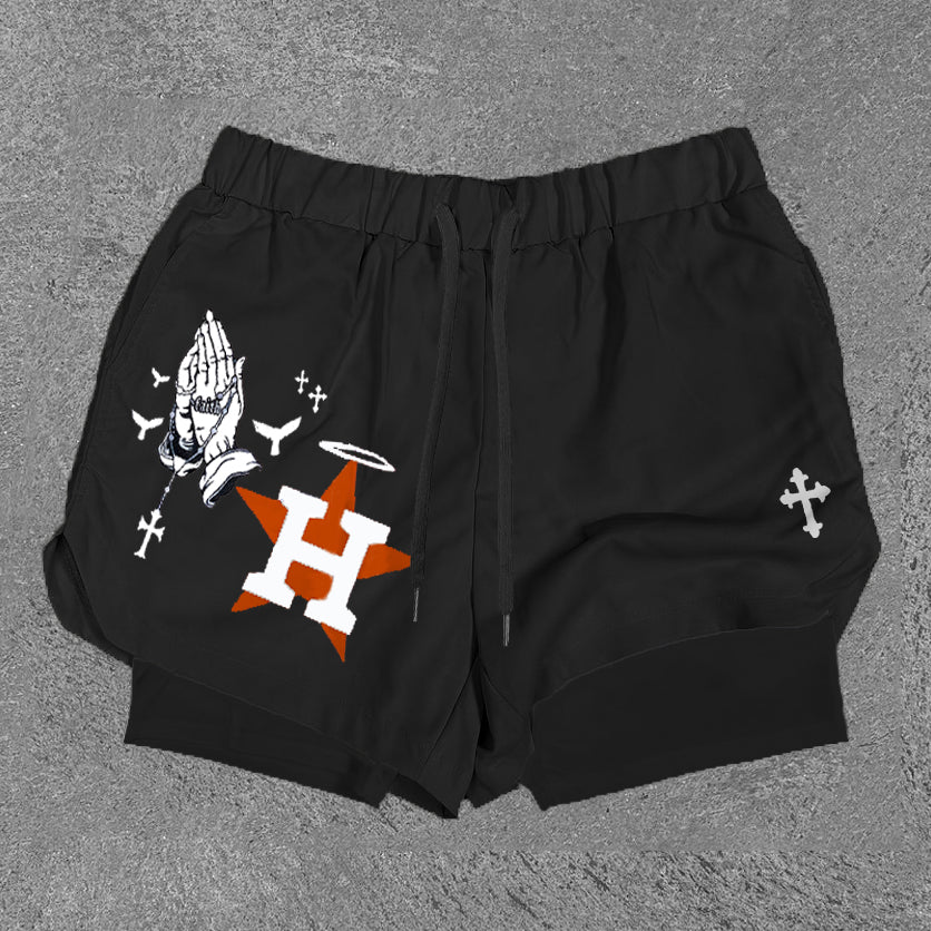 Praying Hands & H Print Double Layer Shorts