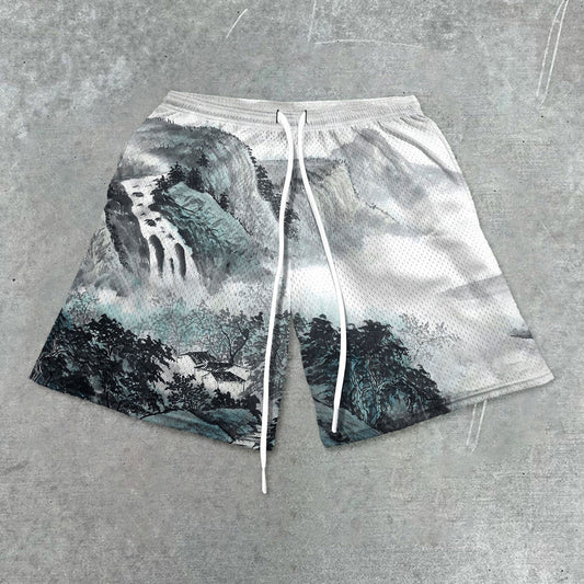 Artistic landscape painting trendy mesh shorts