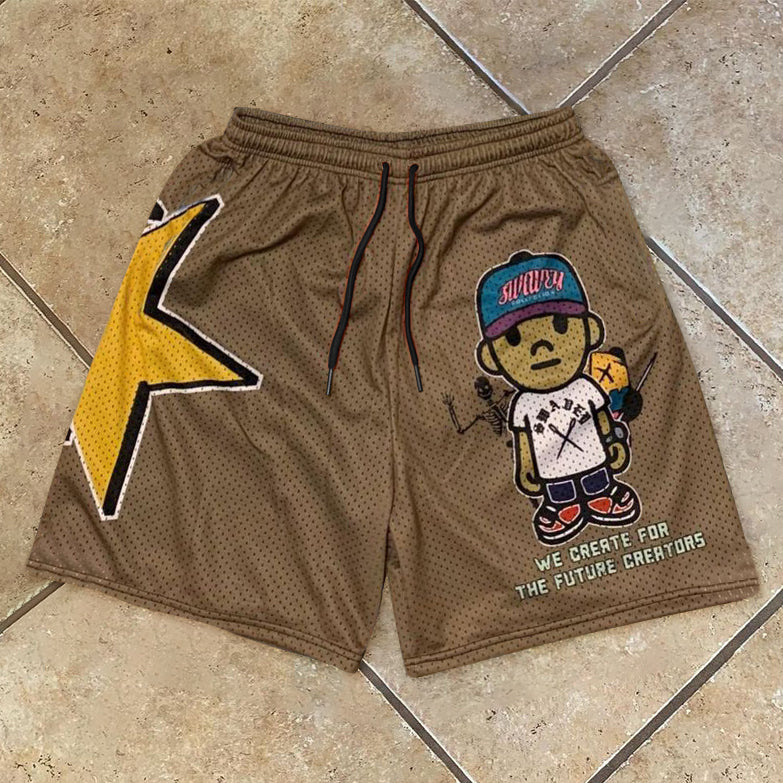 Cartoon Vintage Print Casual Mesh Shorts