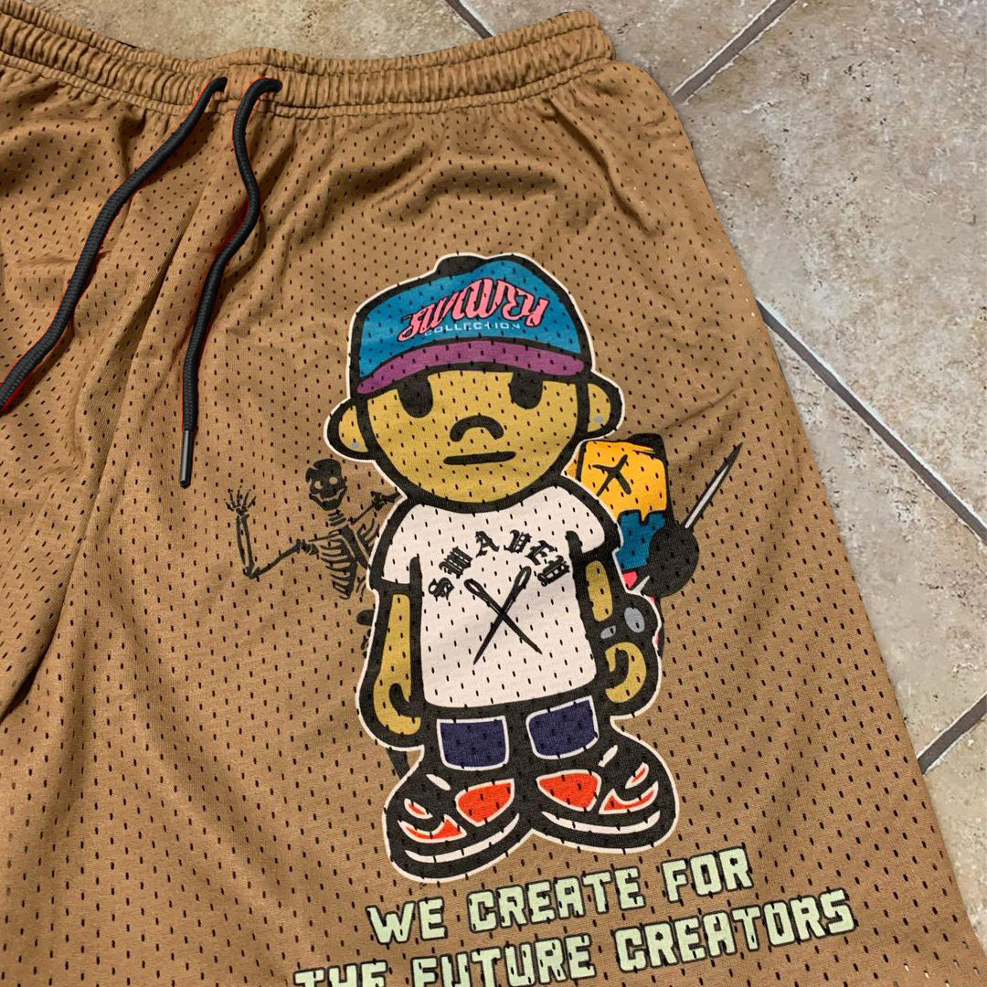 Cartoon Vintage Print Casual Mesh Shorts