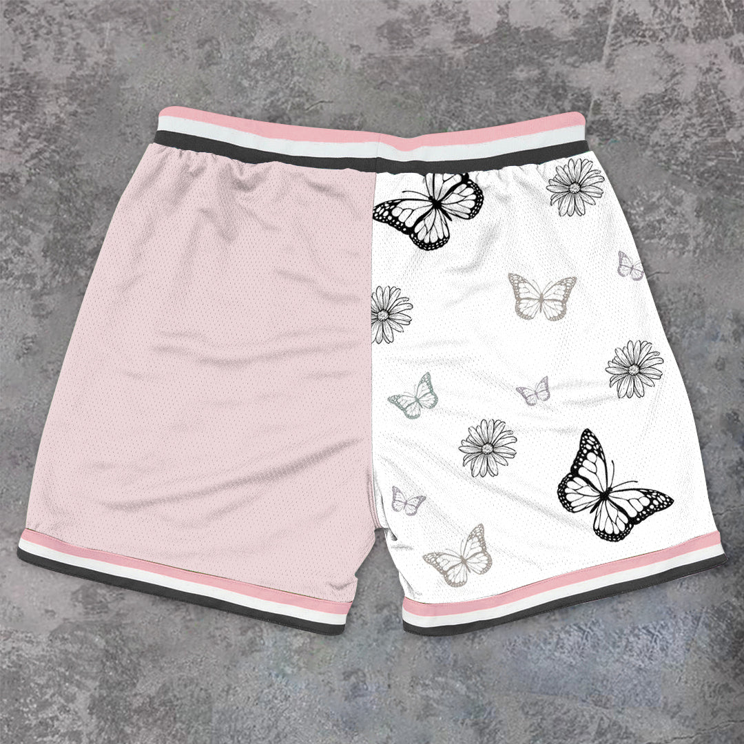 Contrast Color Casual Butterfly Sakura Mesh Shorts