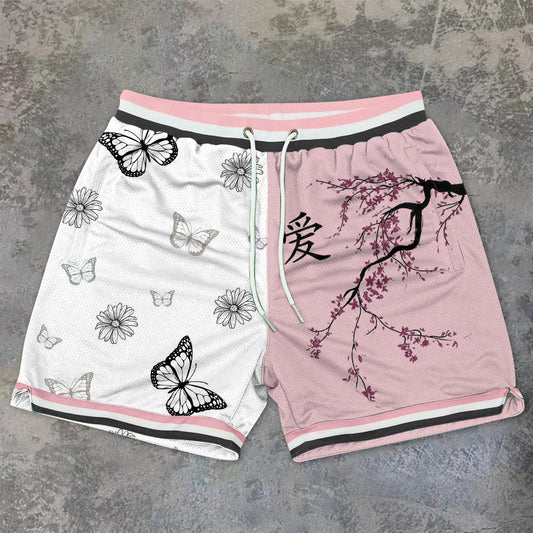 Contrast Color Casual Butterfly Sakura Mesh Shorts