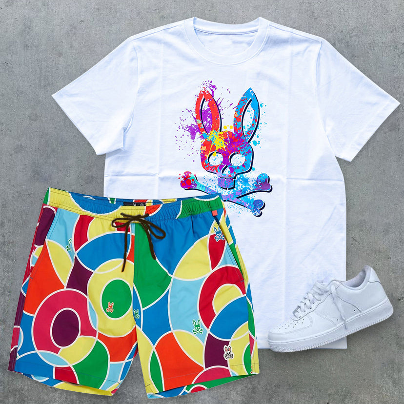 Fashion Preppy Rabbit Colorblock Shorts Suit