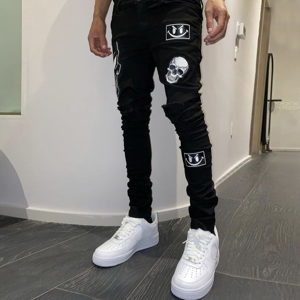 Personalized street style black skull print trousers