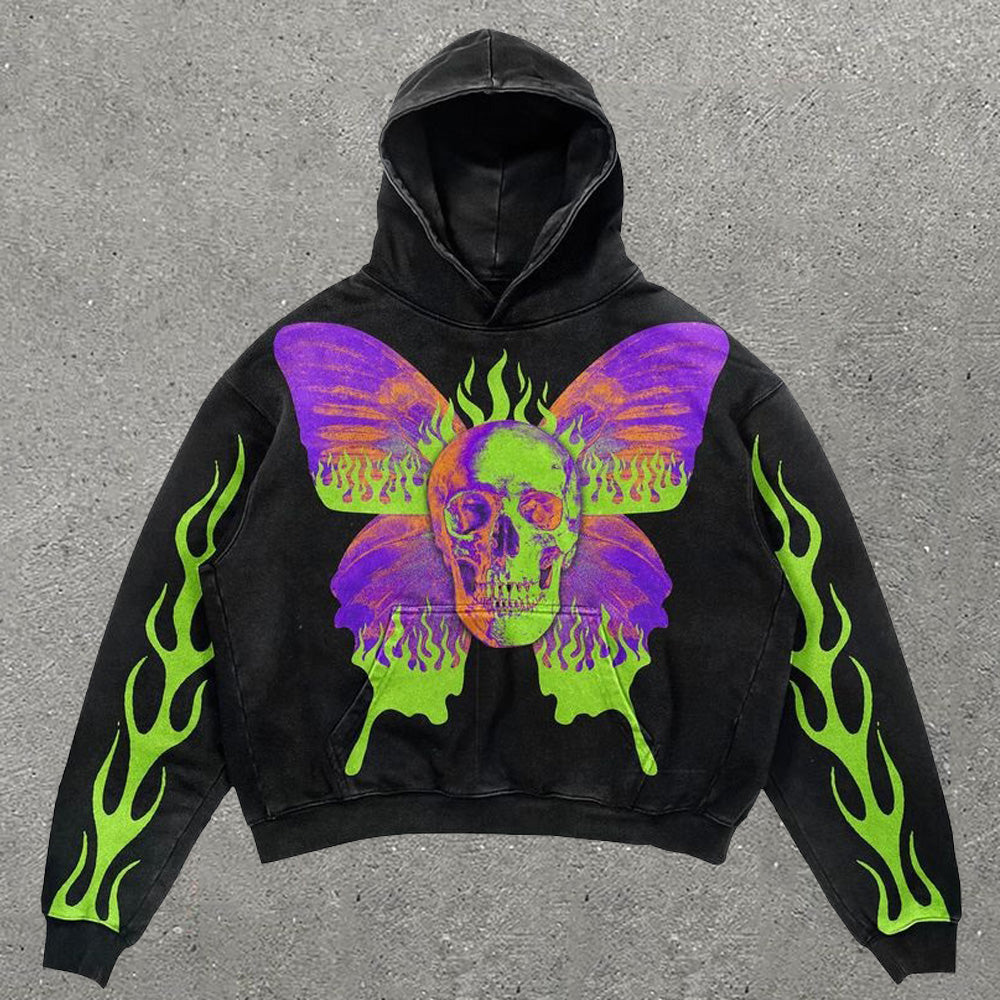 Skull & Butterfly Print Long Sleeve Hoodie