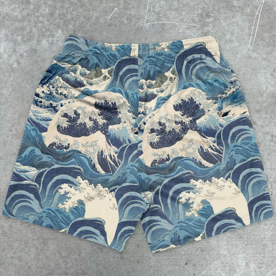 One Piece Wave Print Mesh Shorts