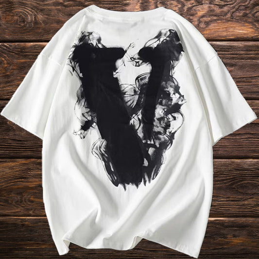 Fashion white print round neck short sleeve T-shirt