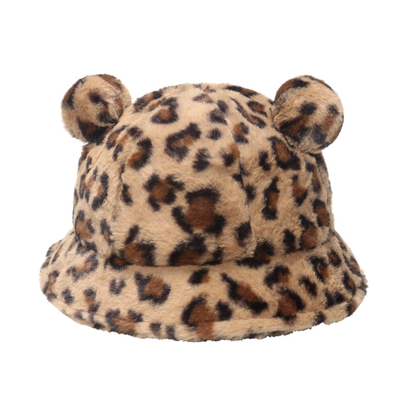 Leopard print bear ears ball plush fisherman hat warm and thicks