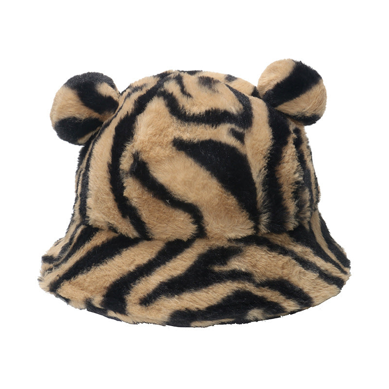 Leopard print bear ears ball plush fisherman hat warm and thicks