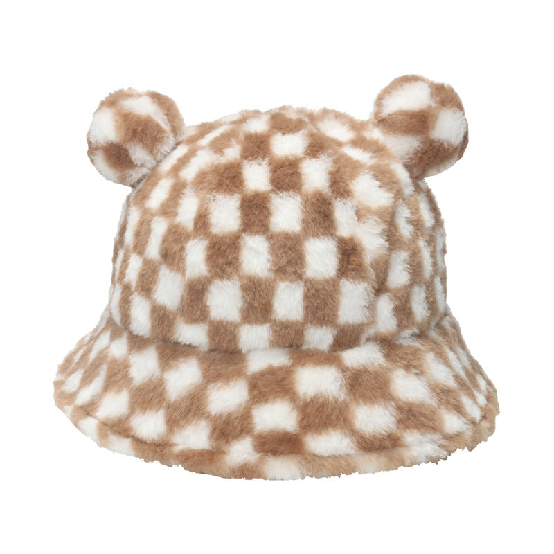 Leopard print bear ears ball plush fisherman hat warm and thicks