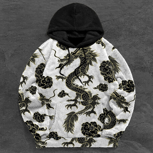 Vintage Dragon Print Contrast Color Trend Plush Hoodie