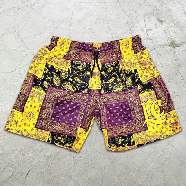 Paisley Graphic Print Colorblock Elastic Shorts