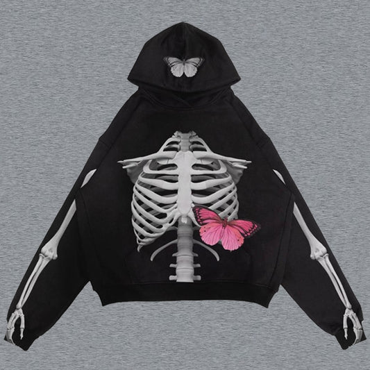 Fashion Rib Butterfly Print Hoodie