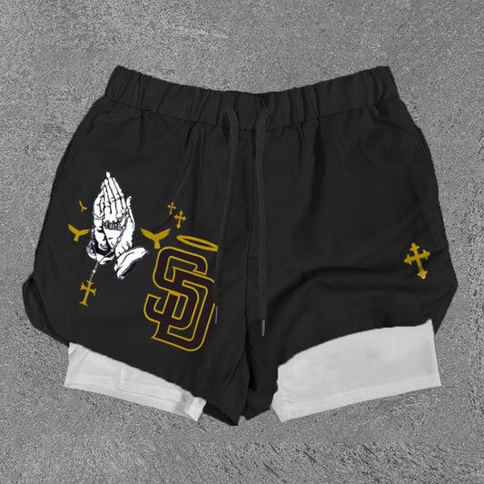 Praying Hands & SD Print Double Layer Shorts