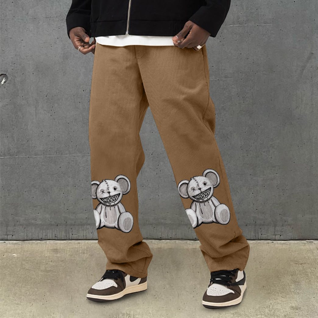 Fashion bear print corduroy street trousers