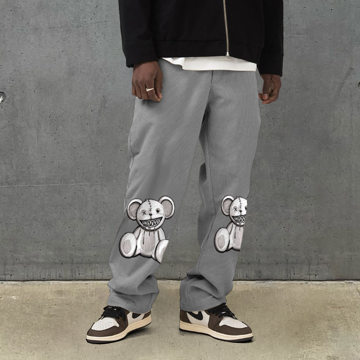 Fashion bear print corduroy street trousers