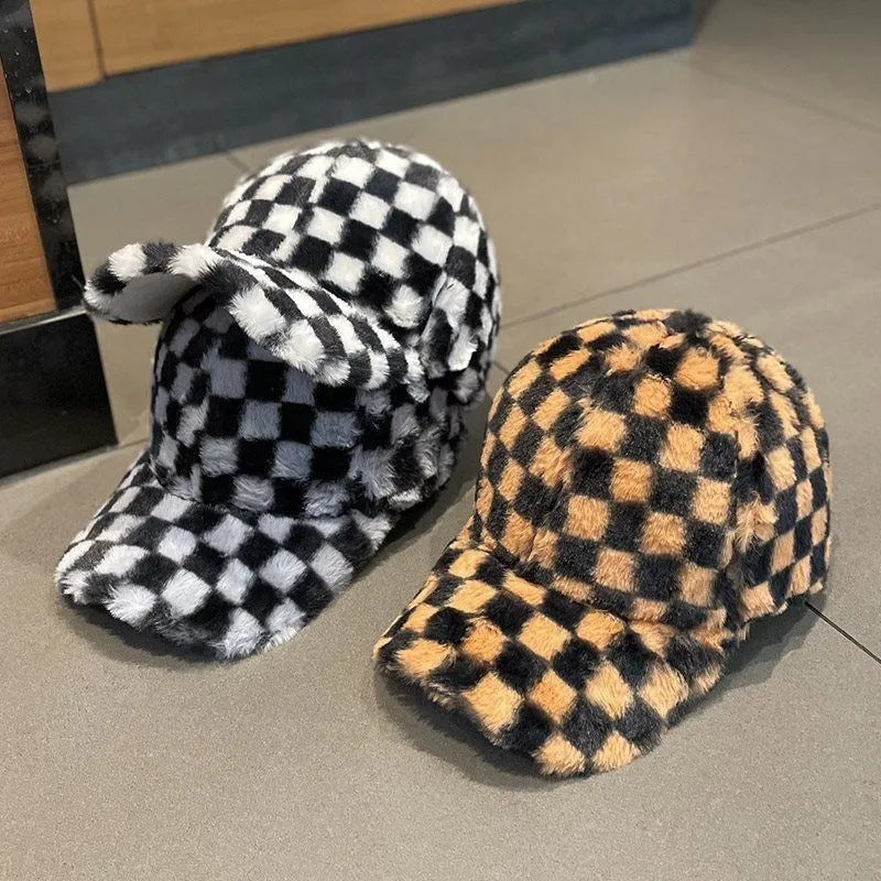 checkerboard peaked plush warm baseball cap