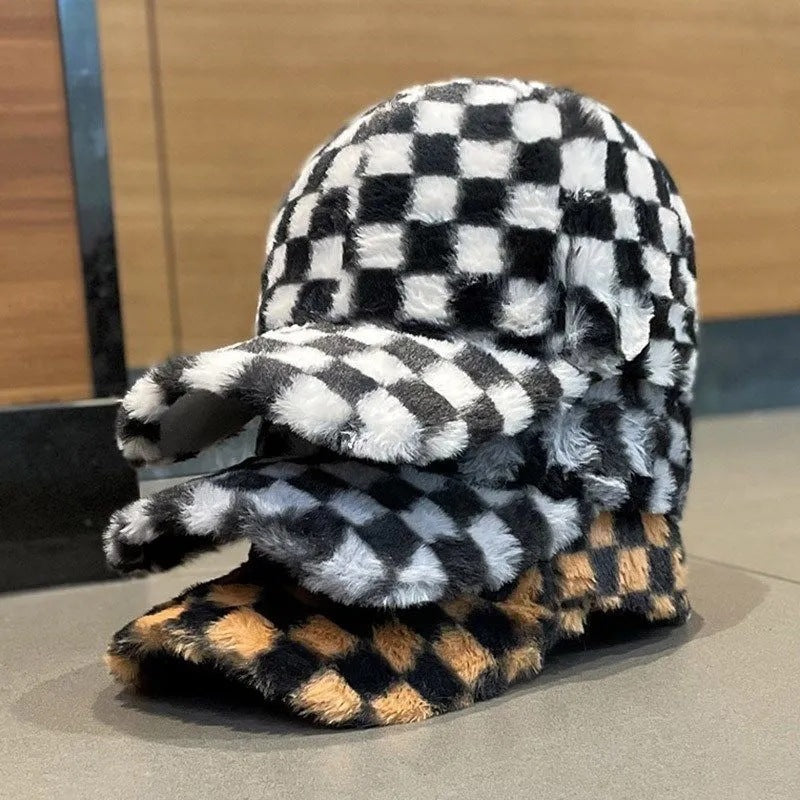 checkerboard peaked plush warm baseball cap