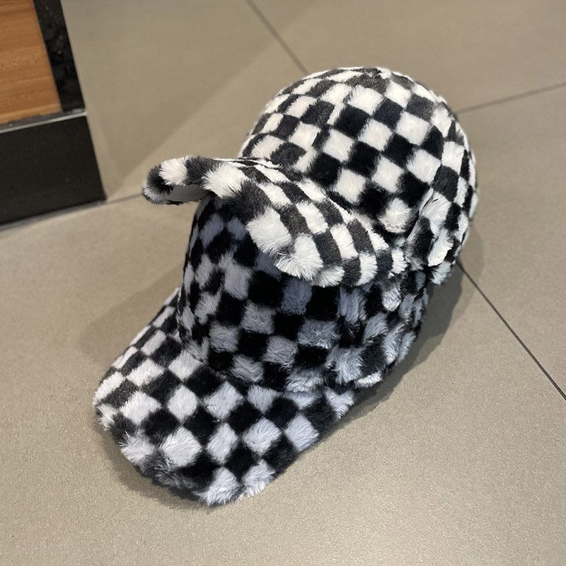 checkerboard peaked plush warm baseball cap