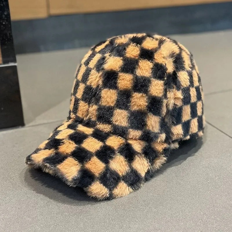 checkerboard peaked plush warm baseball cap