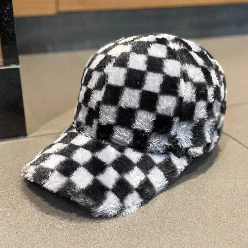 checkerboard peaked plush warm baseball cap