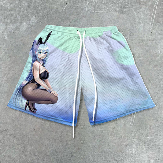 Bunny Girl Retro Print Mesh Shorts