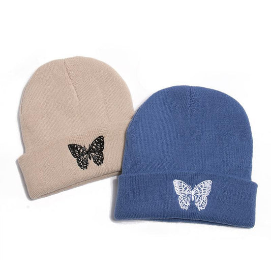 Butterfly print knit hat pullover cap go out warm woolen cap