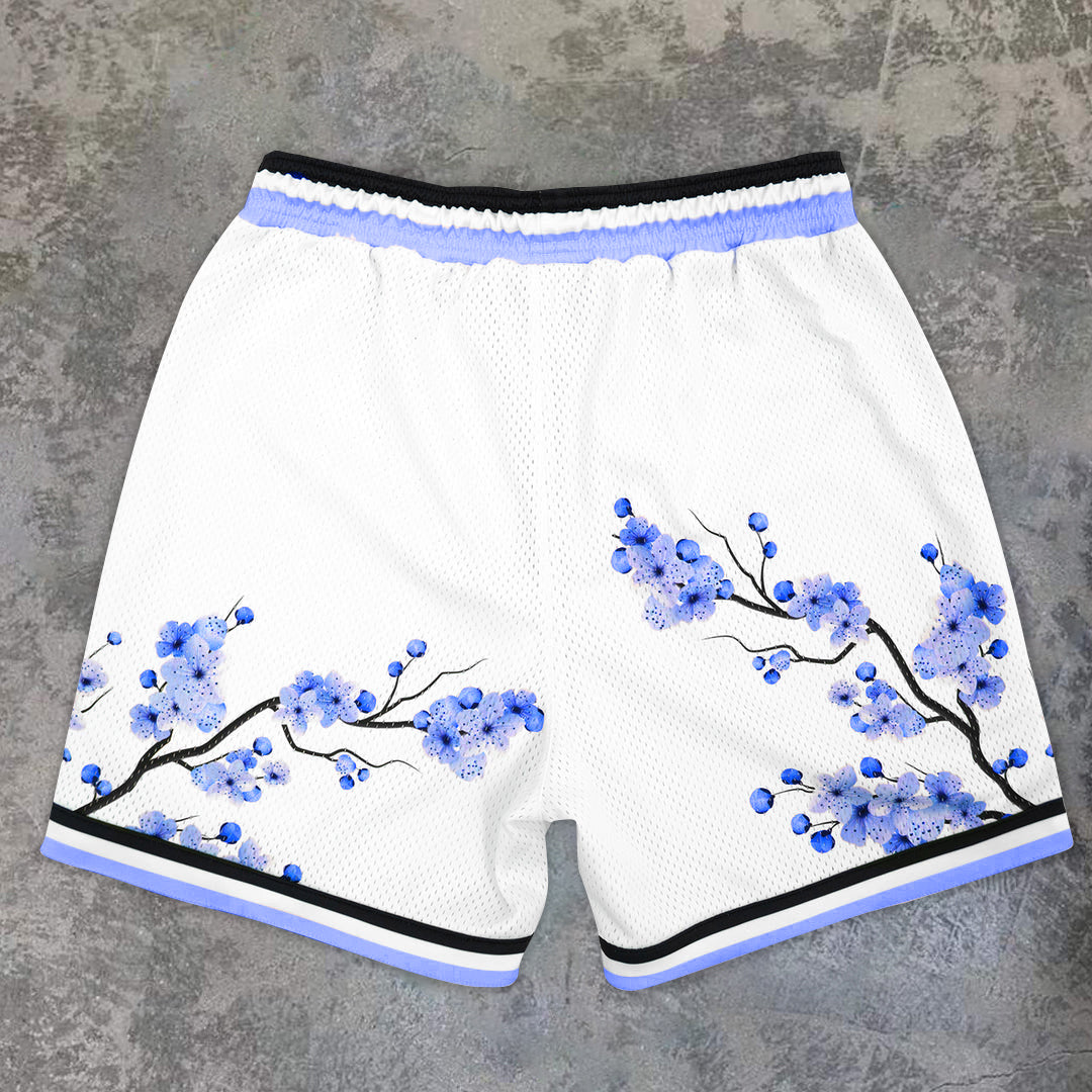 Art Blue Cherry Blossom Mesh Shorts