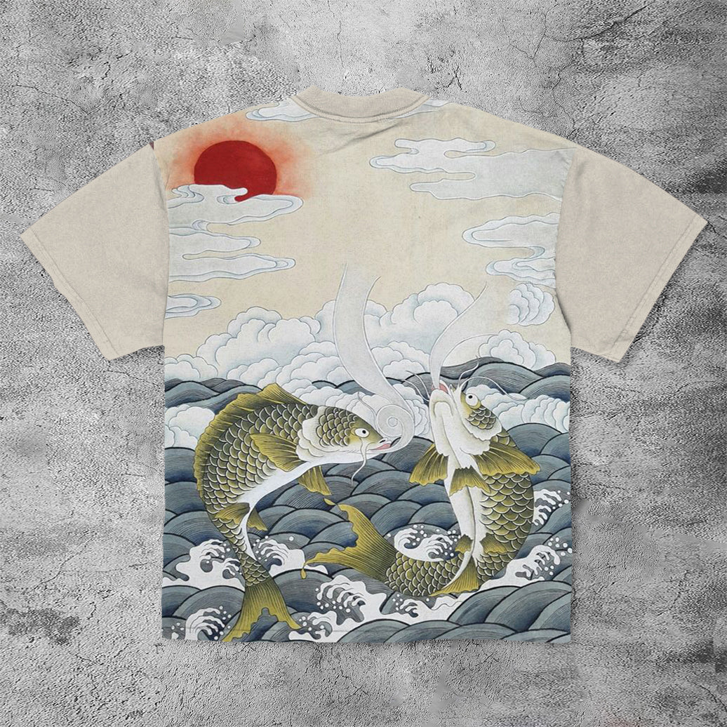 Fortune Fish Print Retro Street Short Sleeve T-Shirt