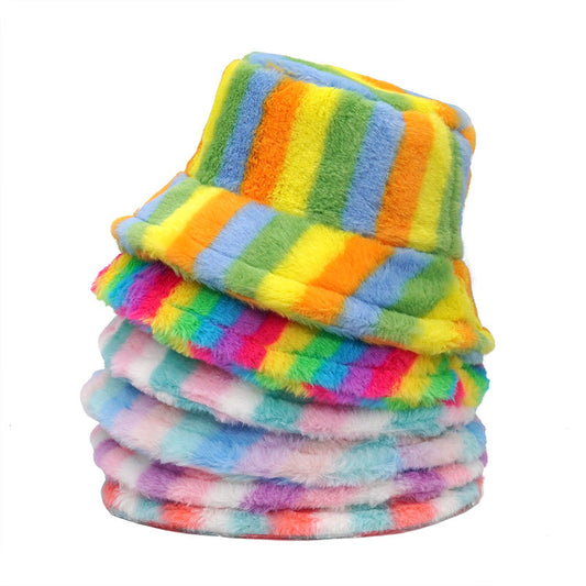 Rainbow Striped Rabbit Plush Bucket Hat Thickened and Warm