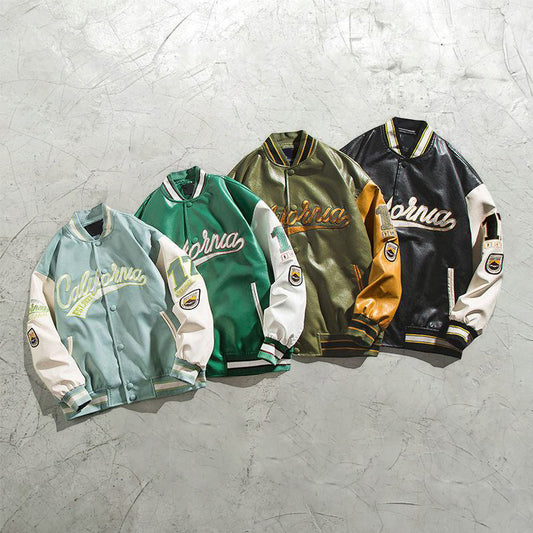 Baseball uniform leather jacket embroidery high street retro jacket couple jacket