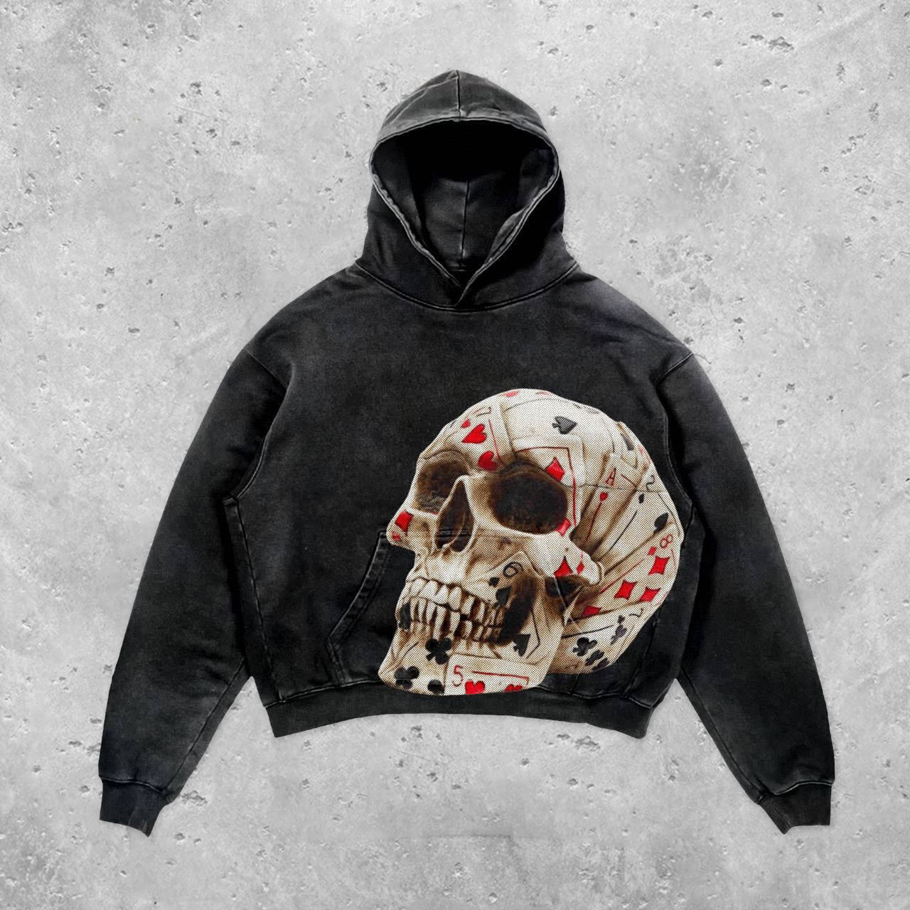 Poker Skull Vintage Print Long Sleeve Hoodie