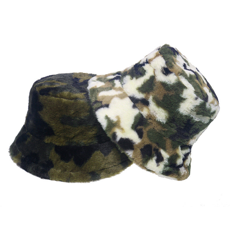 Fashion Imitation Rabbit Plush Bucket Hat Print Camouflage Bucket Hat